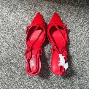 Red Pointed Slingback Heels with Crisscross Straps